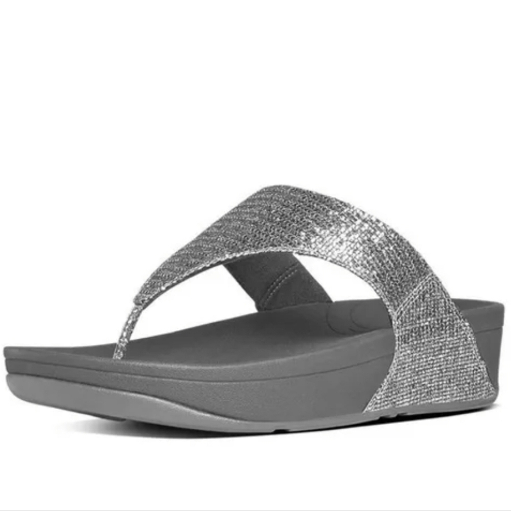 Fitflop Women's Lulu Superglitz Thong T Strap Silver Sandals Wedge Shoes Sz 9